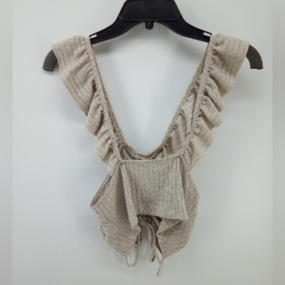 Zara Trafaluc Ruffle Nude Tan Rushed Ribbed Crop Top Large - Picture 7 of 9